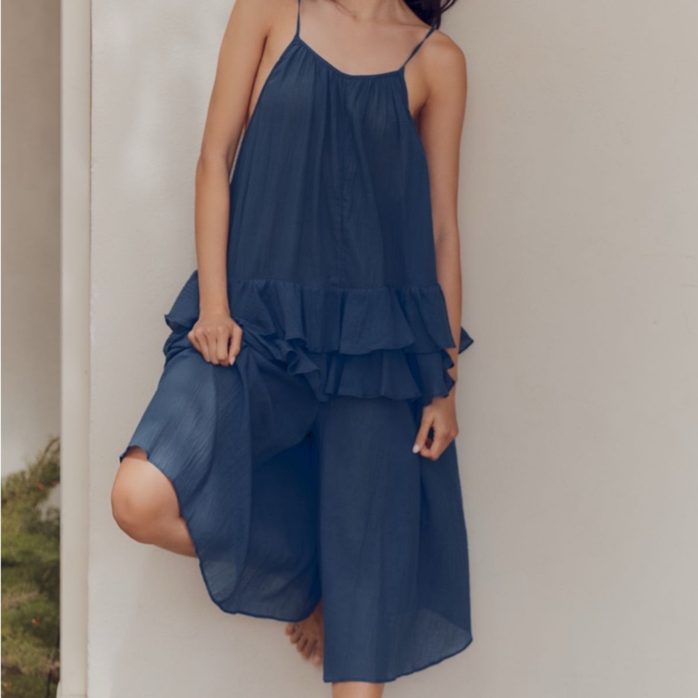 Elegant Blue Jumpsuit with Ruffled Overlay and Flowy Silhouette